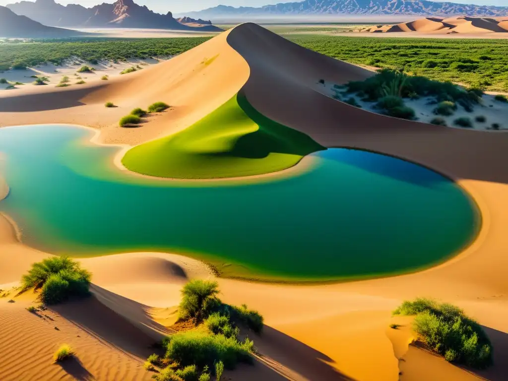 Desierto dorado: oasis de esperanza en 8k Un oasis en el arte visual: un paisaje desértico expansivo con una ilusión de oasis exuberante en la distancia, evocando esperanza y transformación