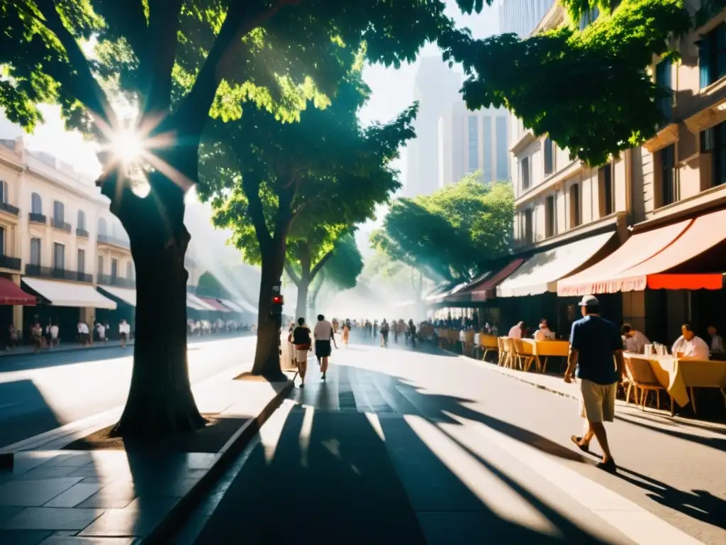 Ola de calor en la ciudad: calles abrasadoras y gente buscando sombra Olas de calor sofocantes en la ciudad, con gente buscando sombra