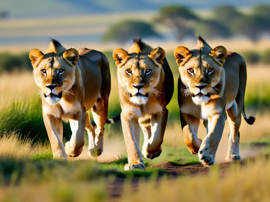Caza en equipo: la estrategia letal de los leones Un orgullo de leones avanza sigilosamente entre la hierba alta al amanecer, exudando tácticas de predación en grupo