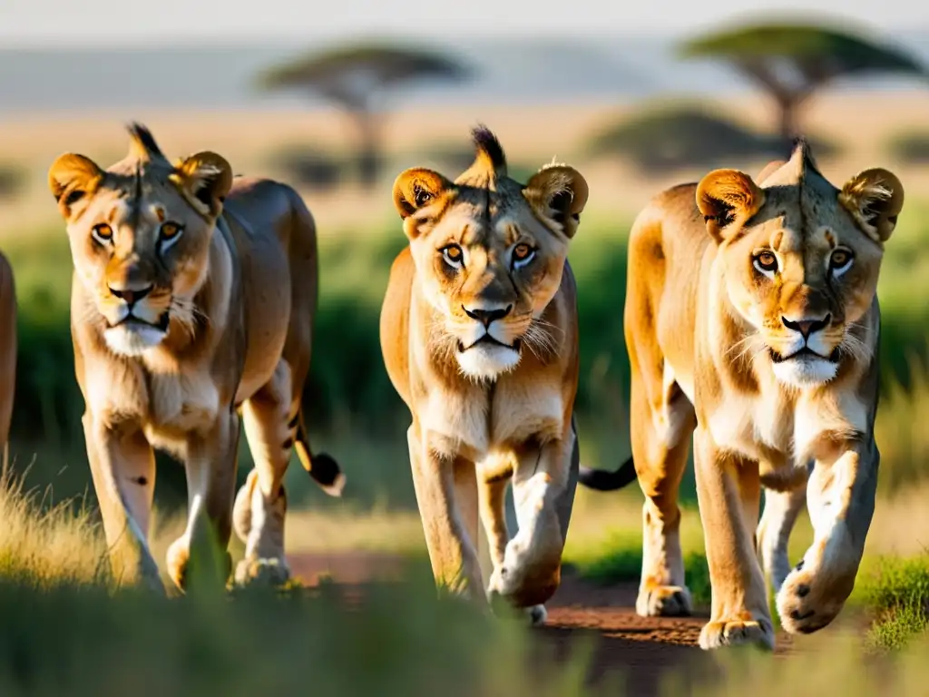Manada de leones cazando en la sabana africana Un orgullo de leones acechando en la sabana africana, con tácticas de predación en grupo, en una escena llena de tensión y enfoque