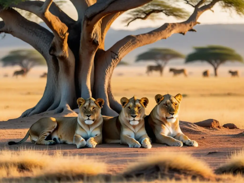 Descanso en la sabana: Leones dorados bajo la acacia Orgullos de leones descansando bajo un árbol en la sabana africana al atardecer, transmitiendo calma y supervivencia fauna africana sabana