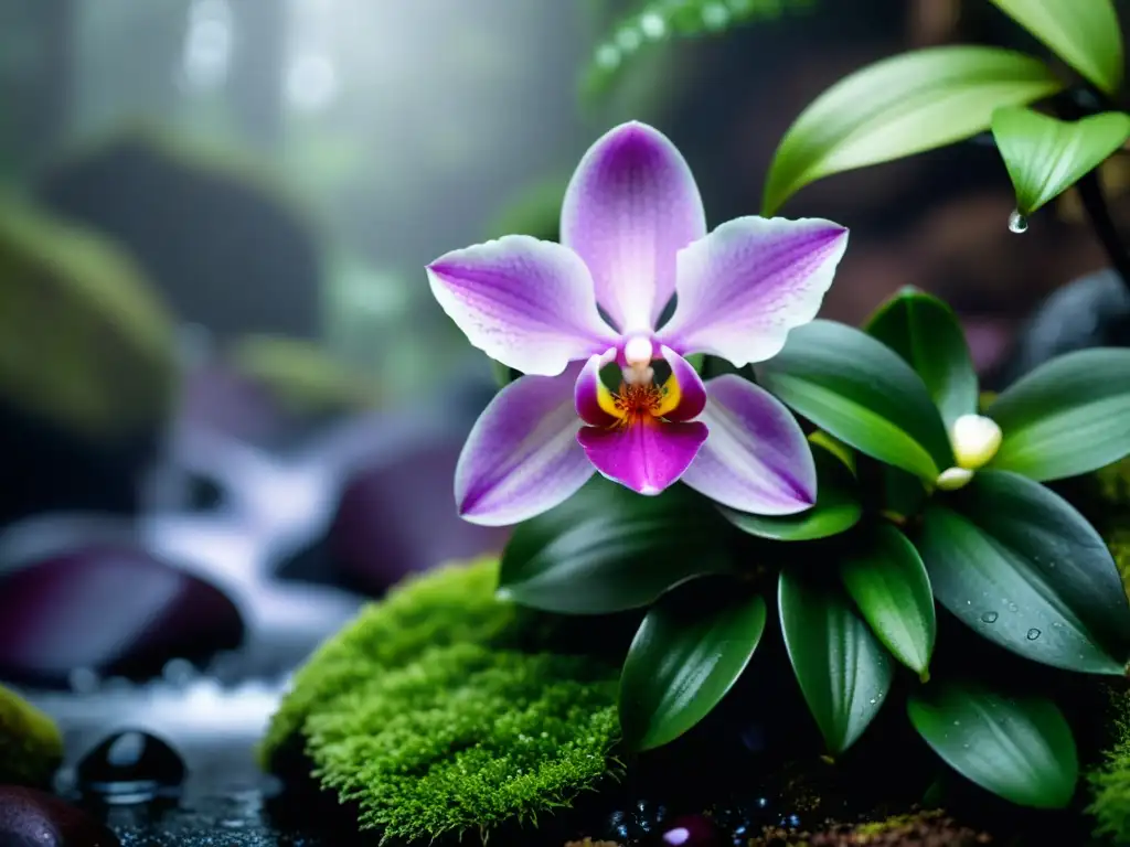 Una orquídea delicada entre rocas cubiertas de musgo en un denso bosque nuboso