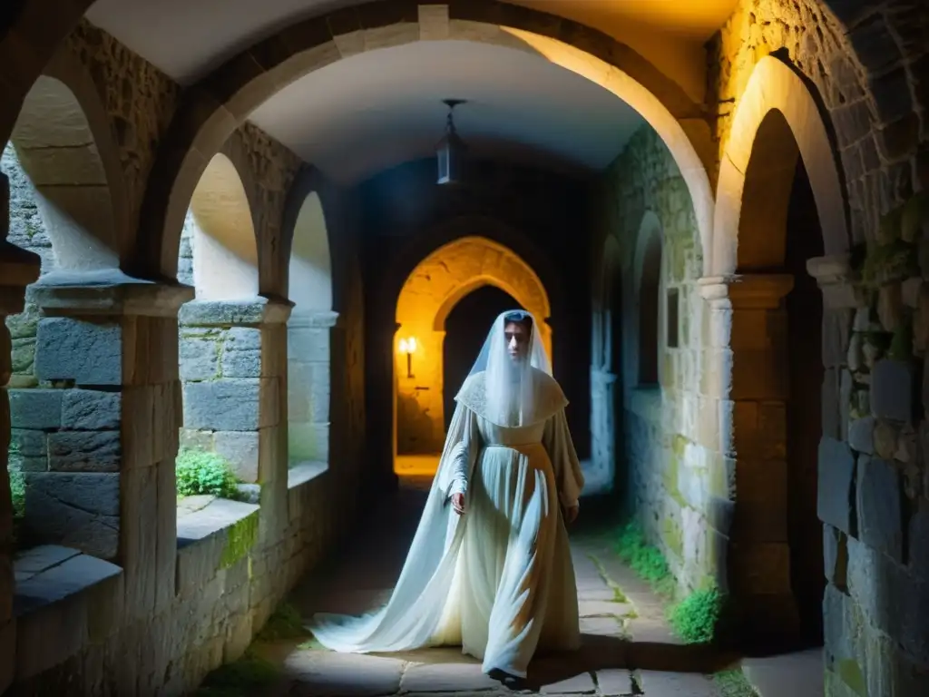 Fantasma melancólico en un castillo europeo En el oscuro pasillo de un castillo europeo, un fantasmal ser con túnica y corona se desliza en silencio, iluminado por la tenue luz de la luna