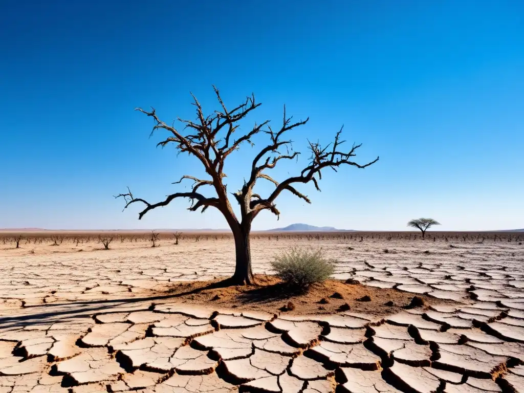 Desolación bajo el sol: impacto de la sequía en el paisaje Un paisaje árido y agrietado, con tierra reseca y plantas sin vida bajo el implacable sol