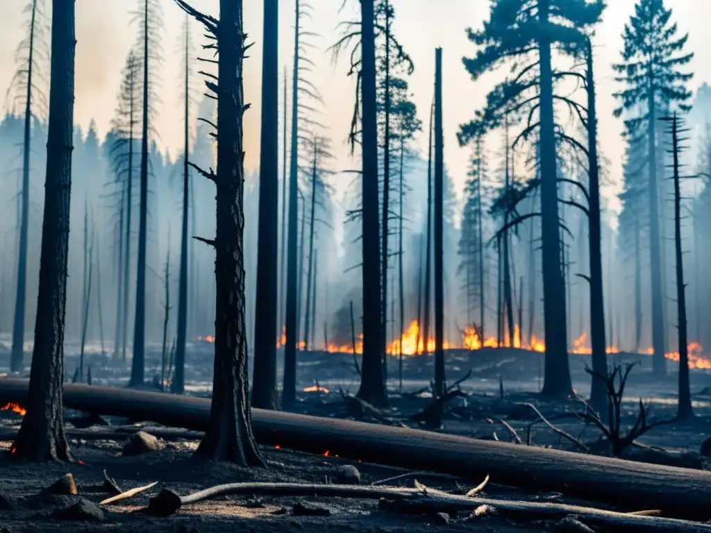 Un paisaje carbonizado tras un incendio forestal, mostrando la devastación y el impacto en la biodiversidad