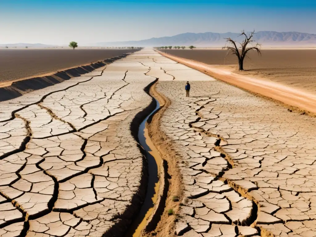 Devastación por sequía: el desolado paisaje y el agricultor solitario Un paisaje desolado con tierra agrietada, árboles marchitos y un cielo despejado