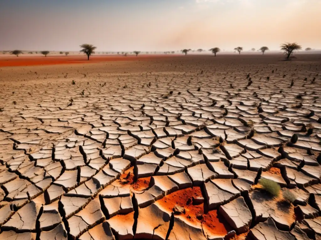 Devastador paisaje desértico por sequía extrema Un paisaje desolado de tierra agrietada por la sequía extrema y el impacto humano de los eventos climáticos extremos ventana acción