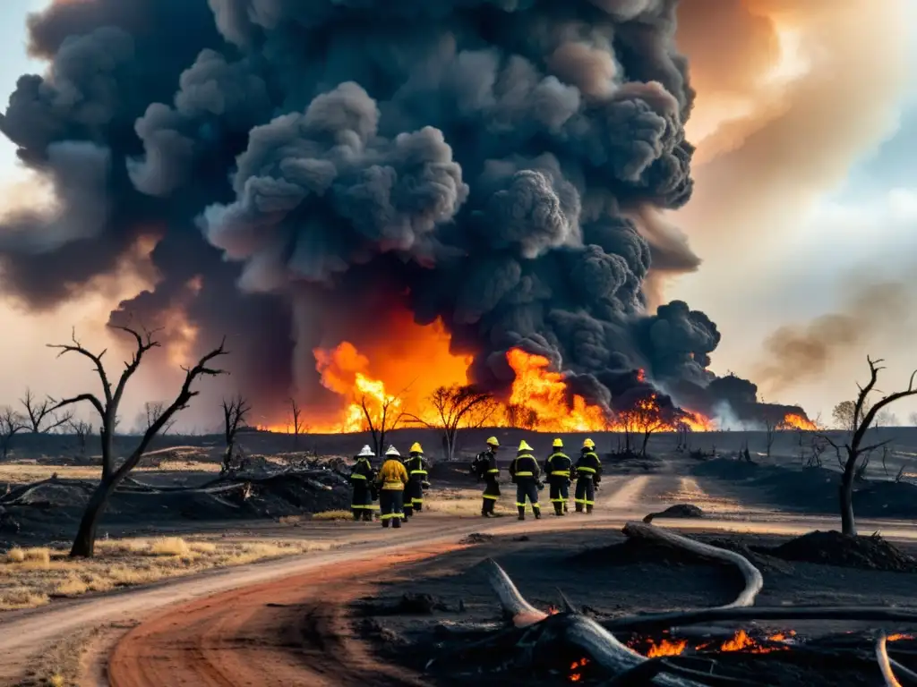 Devastador tornado de fuego: la lucha desesperada Un paisaje desolador de árboles carbonizados y tierra quemada, con un tornado de fuego retorcido al fondo
