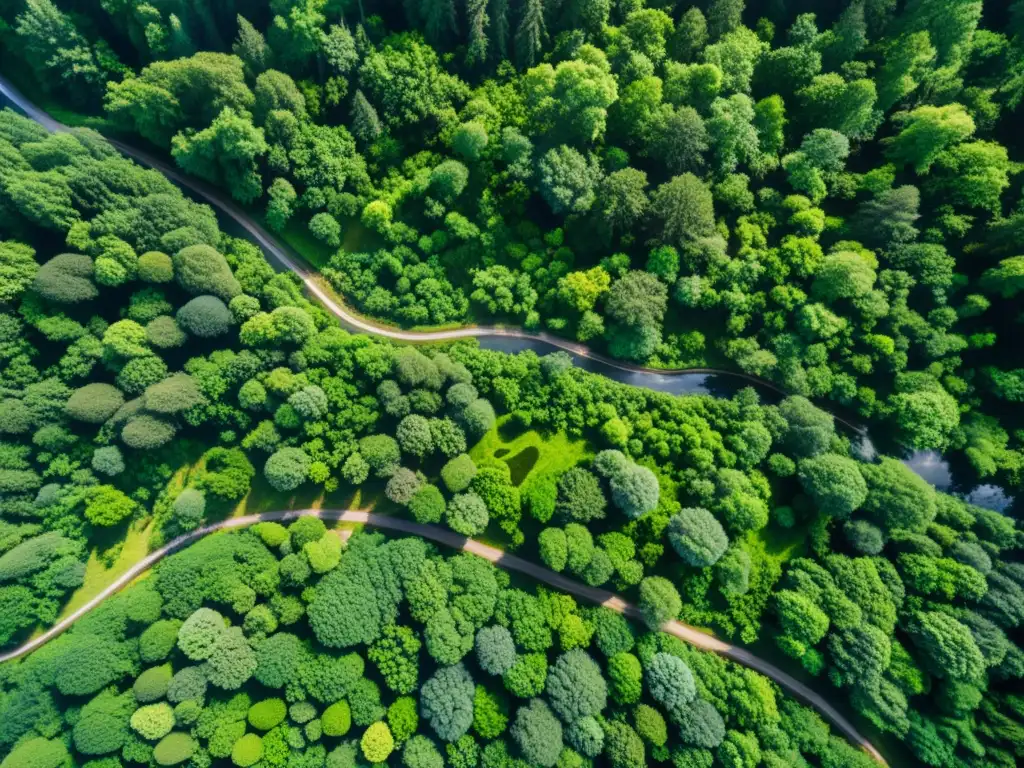 Bosque exuberante desde el espacio: red de ríos y luz Un paisaje exuberante de bosque capturado desde arriba por un satélite de alta resolución