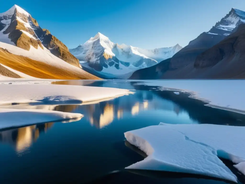 Glaciar dorado: majestuoso atardecer en paisaje helado Un paisaje helado con montañas nevadas y un lago congelado, bañado por la suave luz dorada del atardecer