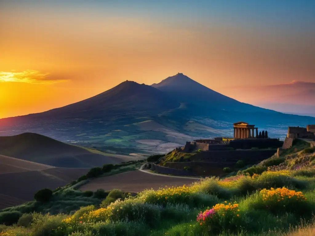 Atardecer mítico sobre ruinas y montañas en Sicilia Paisaje montañoso de Sicilia al atardecer con ruinas antiguas