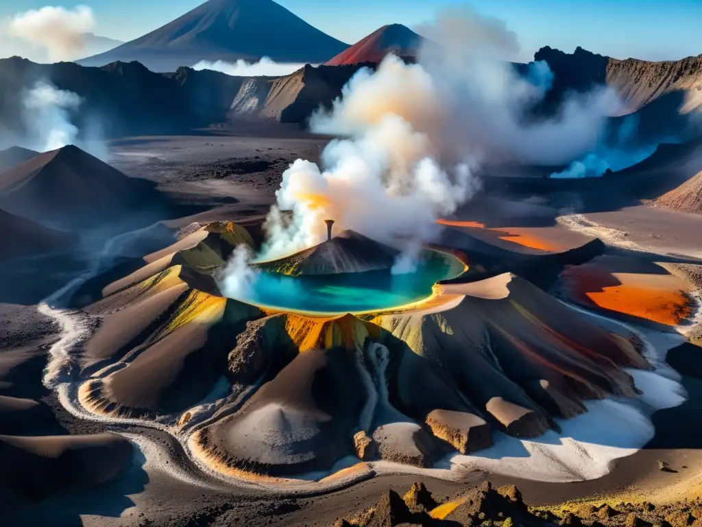 Volcán en 8k: Red de fumarolas y géiseres Un paisaje volcánico impresionante con fumarolas, géiseres y una energía natural impactante