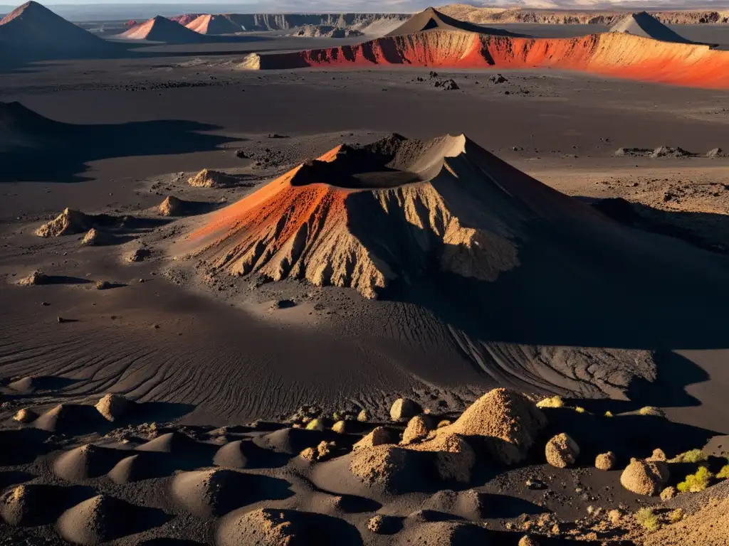 Exploradores en paisaje lunar volcánico Un paisaje volcánico lunar natural con terreno árido, rocas afiladas y lava endurecida, bañado por la luz del sol