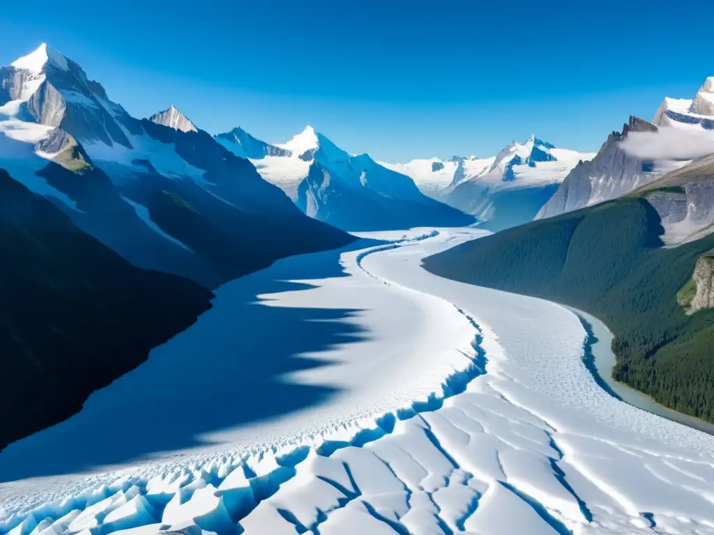 Glaciar majestuoso: belleza helada en alta resolución Fotografía de paisajes glaciares naturales: impresionante vista de un vasto glaciar con crevasses azules y picos brillantes bajo el sol