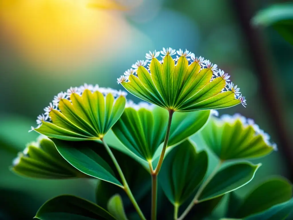 Planta mística con hojas iridiscentes y flores brillantes Una planta exótica y mística con hojas vibrantes y flores delicadas, rodeada de un aura etérea