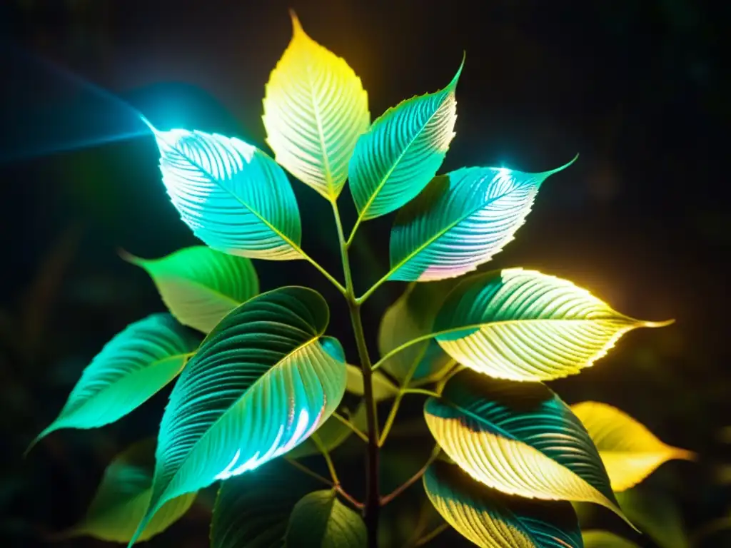 Planta etérea con hojas metálicas y símbolos luminosos Una planta vibrante y mística con hojas iridiscentes y símbolos brillantes, rodeada de un aura etérea