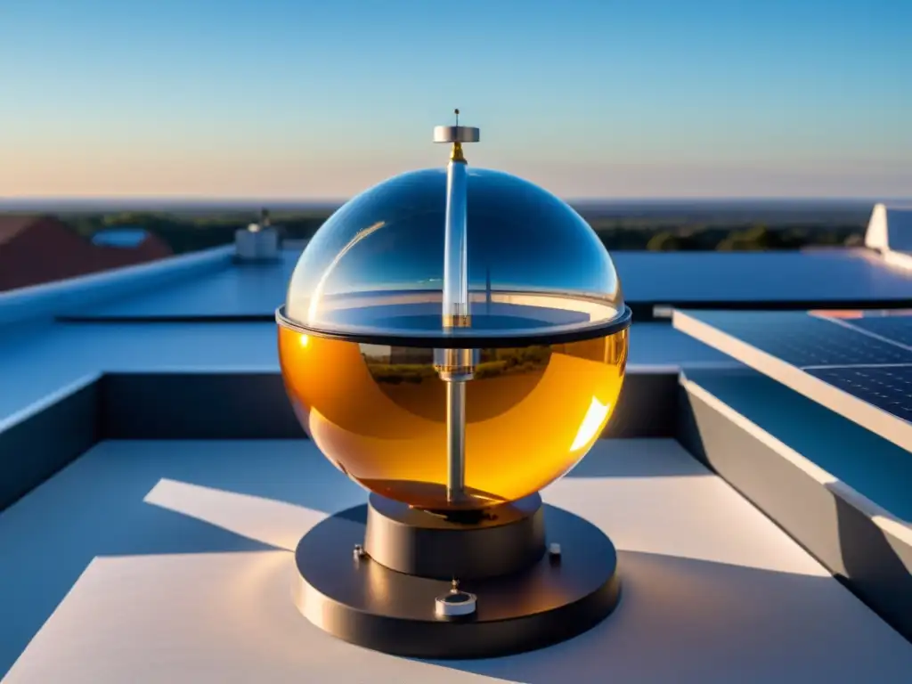 Radiómetro solar de alta precisión captando la cálida luz dorada del sol Radiómetro de alta precisión observando fenómenos solares en un techo, bañado por la cálida luz dorada del sol