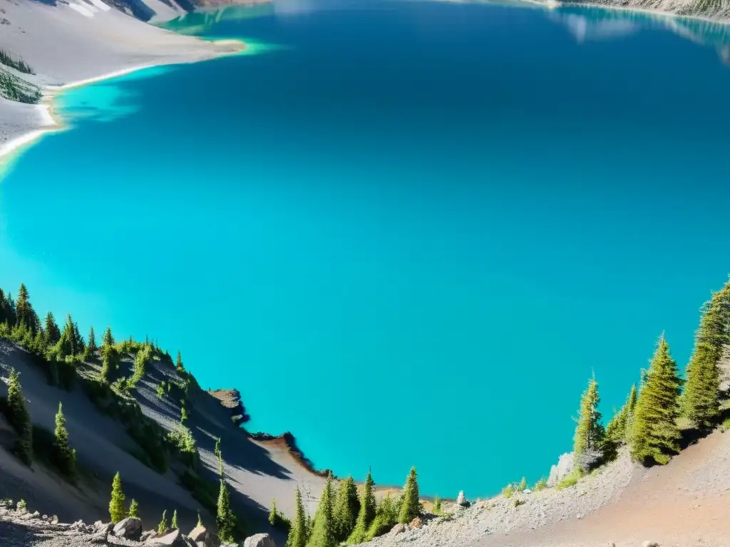 Espejo de agua turquesa en cráter: belleza natural impresionante Reflejos deslumbrantes en la superficie turquesa de un lago de cráter, revelando su belleza natural y los riesgos que oculta