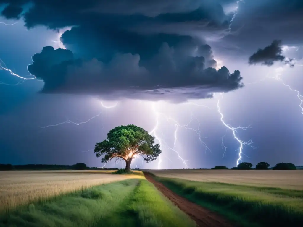 Impactante imagen de un rayo iluminando un árbol solitario Un relámpago impacta un árbol solitario en medio de un campo, con un cielo oscurecido por nubes de tormenta y el paisaje iluminado por el intenso destello de luz