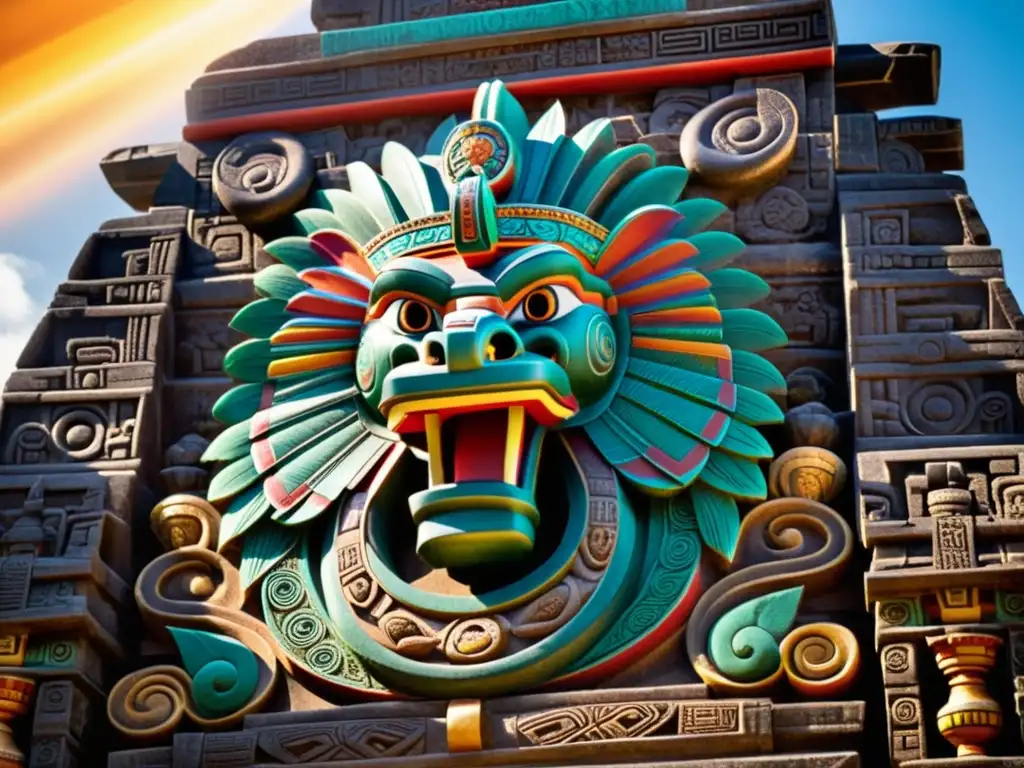 Relieve de Quetzalcóatl en Templo Azteca Relieve de piedra de Quetzalcóatl, dios azteca, con plumas vibrantes y patrones intrincados