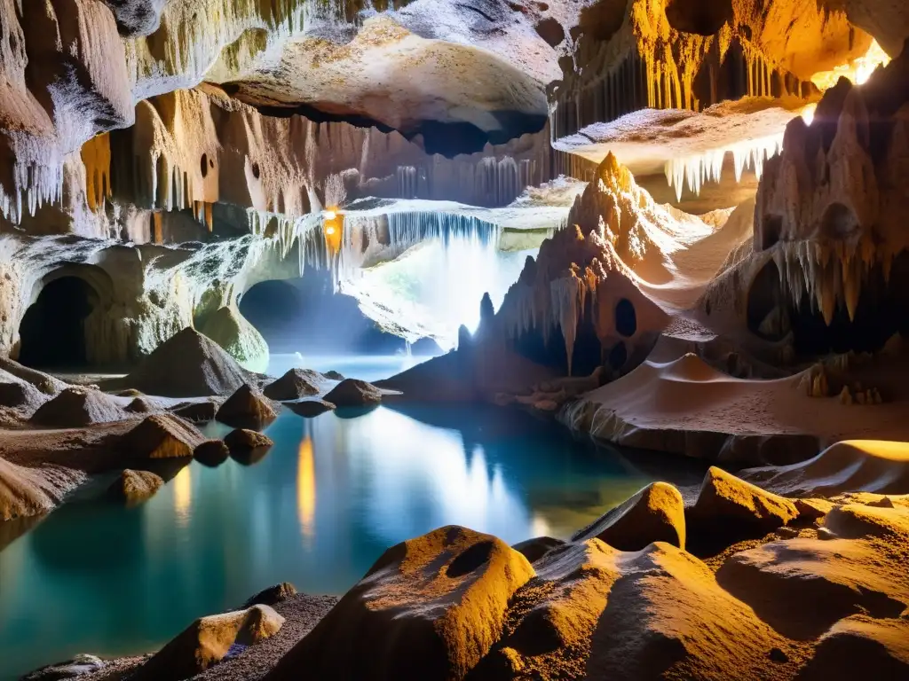 Caverna subterránea: Belleza etérea y sonidos misteriosos Resonancias únicas formaciones cavernosas iluminadas por luz etérea, creando una atmósfera misteriosa y cautivadora