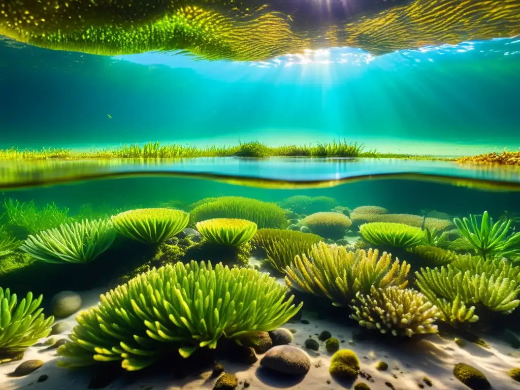 Un río de agua dulce rebosante de vida: algas coloridas, peces pequeños y plantas acuáticas