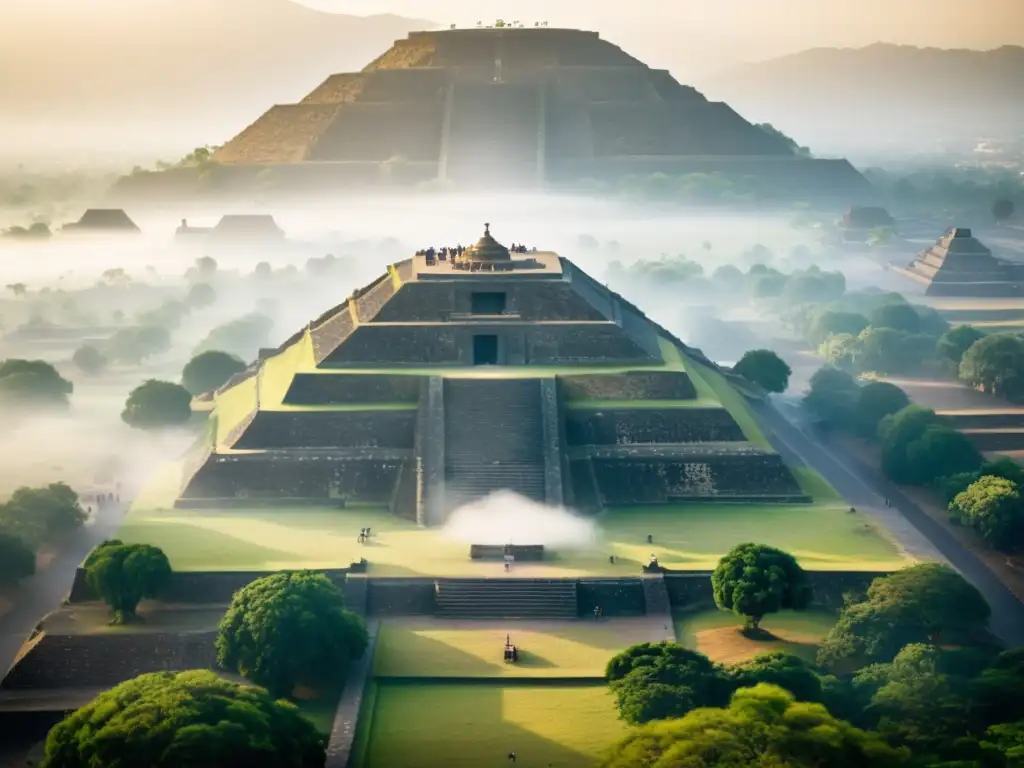 Misterio en Teotihuacan: ciudad antigua envuelta en niebla Ruinas de Teotihuacan envueltas en mística neblina, iluminadas por suaves luces, con académicos debatiendo