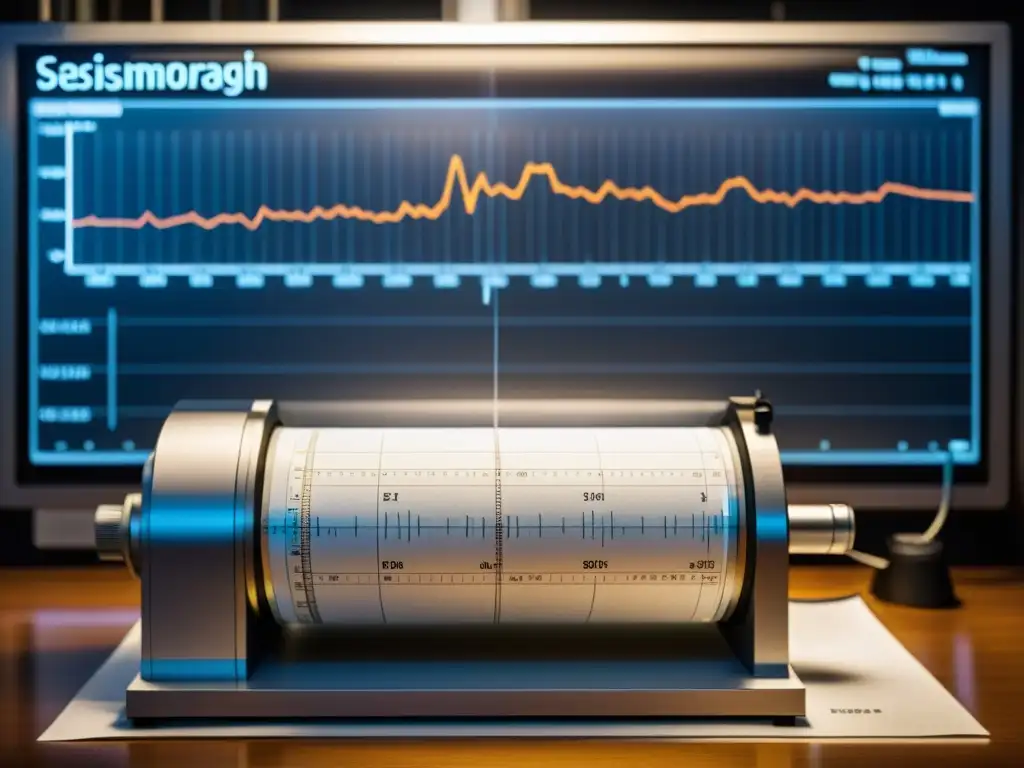 Registro detallado de actividad sísmica en laboratorio El seismógrafo registra actividad sísmica en una atmósfera científica, iluminada con sombras dramáticas
