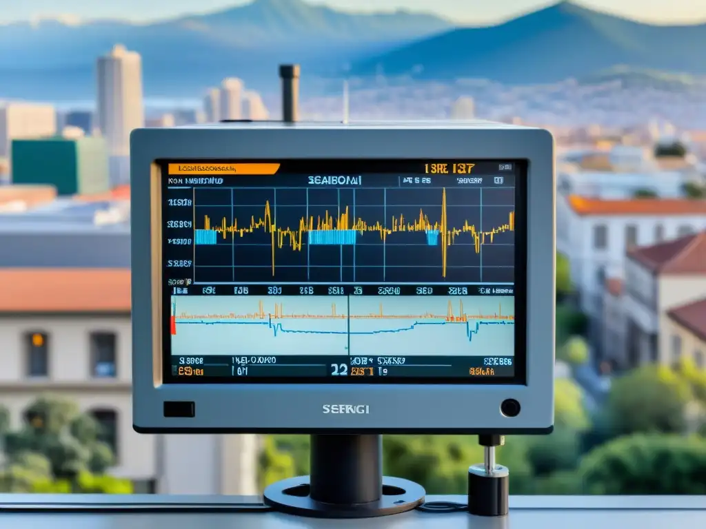 Una fotografía de alta resolución de un sismógrafo capturando los detalles de sus componentes en movimiento y mostrando lecturas de actividad sísmica
