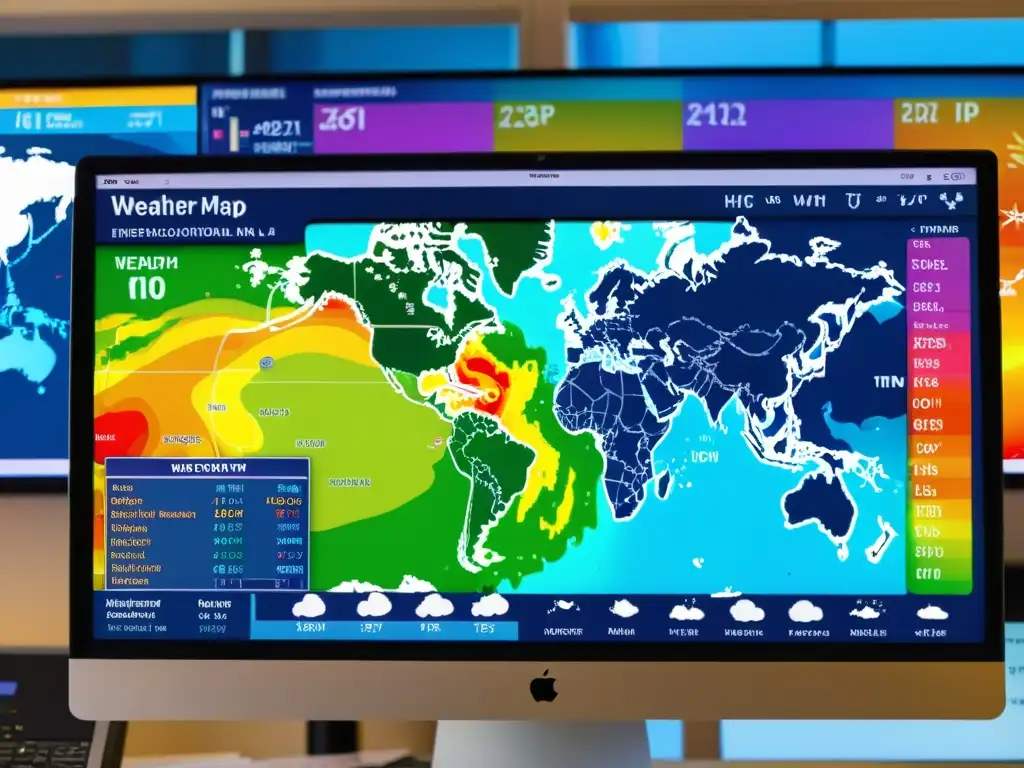 Mapa meteorológico detallado en pantalla Software de meteorología para aficionados: Fotografía de mapas del clima coloridos en pantalla de computadora, rodeada de instrumentos y libros