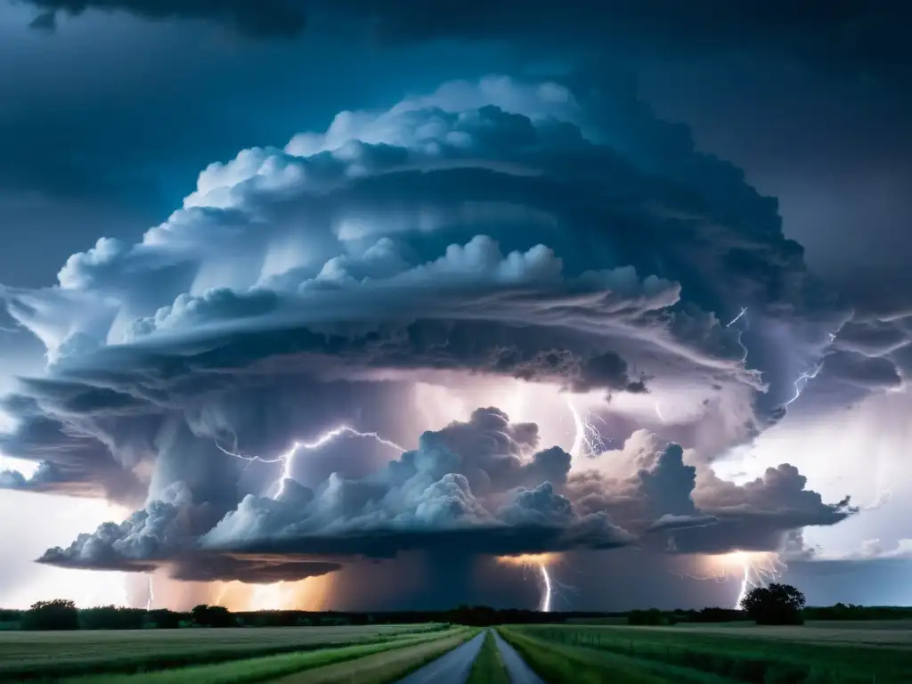Supercélula tormentosa: Poder y belleza en la naturaleza Una supercélula hipnotizante iluminada por relámpagos, evocando la predicción de fenómenos atmosféricos extraordinarios