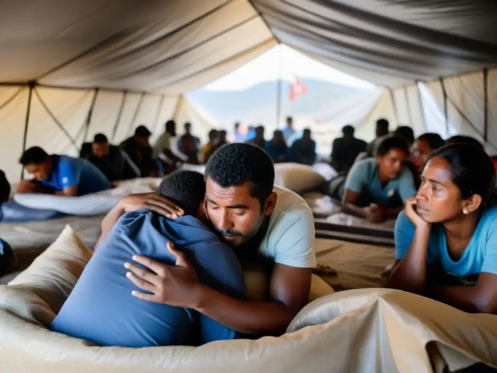 Supervivientes de terremoto buscan refugio Supervivientes agotados en refugio improvisado tras terremoto, mostrando manejo del estrés durante terremoto