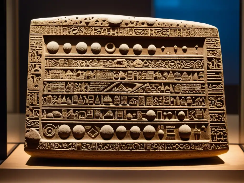 Tableta de arcilla mesopotámica con cuneiforme y representaciones de fenómenos naturales, en un museo