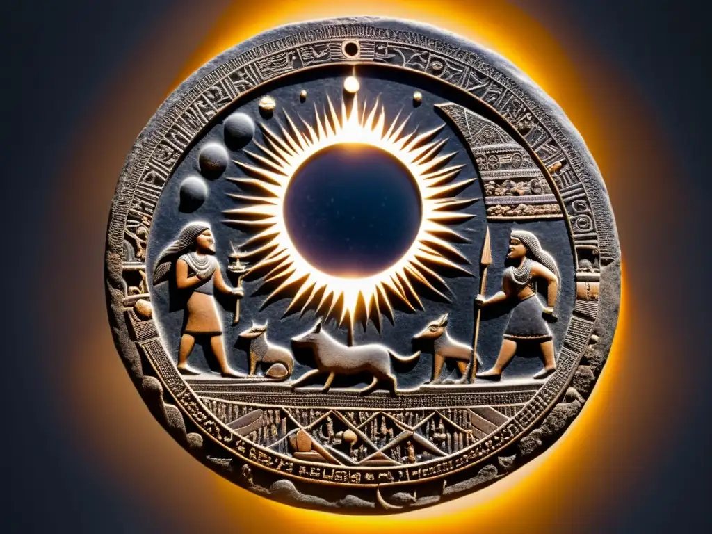 Tableta mesopotámica con detallado relieve de un eclipse solar, mostrando asombro y misterio