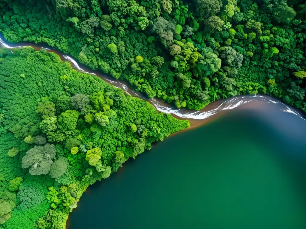 Red de ríos en selva tropical: imagen satelital Tecnología satelital para monitoreo ambiental: Red de ríos serpenteando por exuberante selva tropical, con luz filtrándose a través del dosel