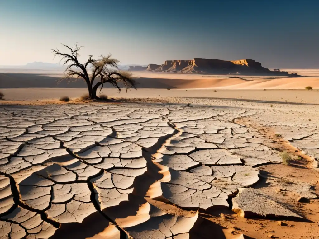 Tierra reseca: paisaje desolado bajo el sol Tierra árida y agrietada, árboles sin hojas y un paisaje desolador, mostrando los efectos de la sequía en la tierra
