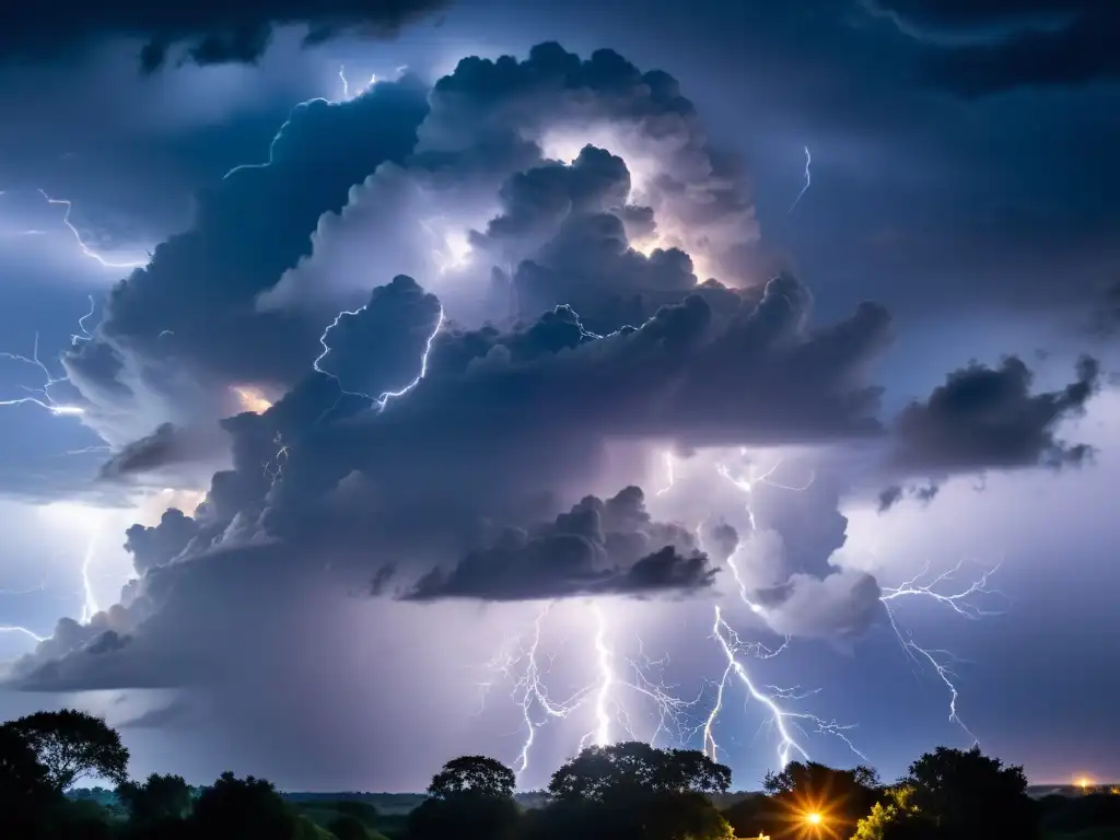 Tormenta eléctrica: La naturaleza desata su poder Una tormenta oscura con relámpagos globulares iluminando el cielo, creando una atmósfera de mitología y realidad