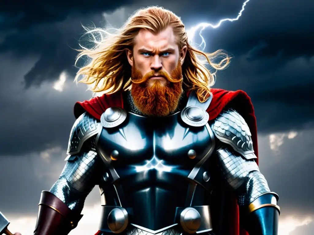 ¡Thor, dios del trueno, en toda su gloria! Thor, el dios nórdico del trueno, se alza con su martillo Mjolnir en medio de una tormenta épica