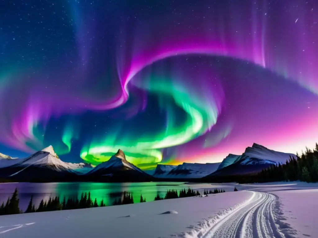Espectacular aurora boreal: danza de colores en el cielo nocturno Variaciones cromáticas en auroras boreales: Danza de colores en el cielo nocturno estrellado, evocando asombro y fascinación