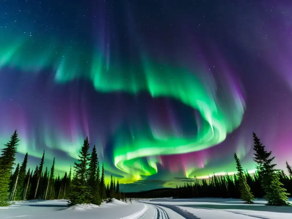 Aurora Boreal: Danza de luces y colores en el cielo nocturno Variaciones cromáticas en auroras boreales: Un espectáculo hipnótico de luces verdes y moradas bailando en el cielo nocturno, entre siluetas de pinos