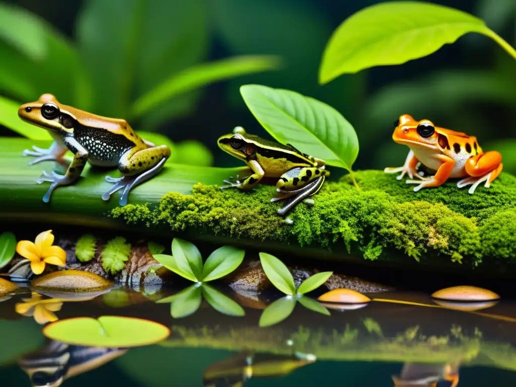 Amfibios en la selva: diversidad y belleza Una variedad de anfibios en su hábitat natural, destacando su adaptación a cambios en el clima