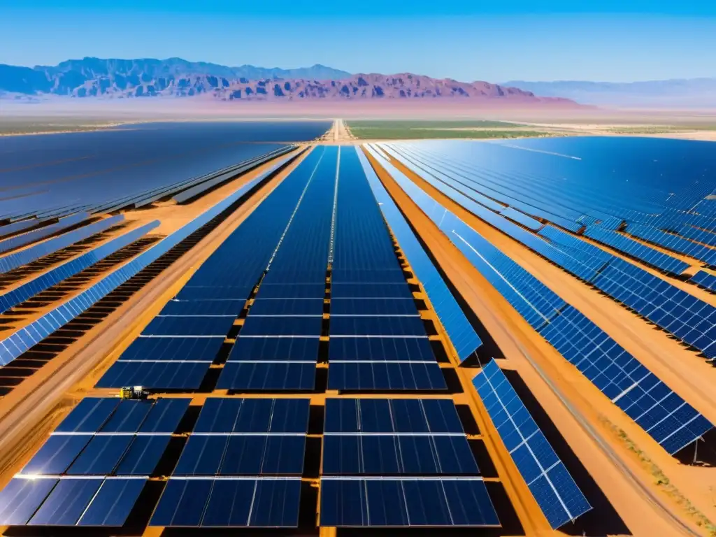 Granja solar en el desierto: energía renovable a gran escala Vasto campo de paneles solares en el desierto, reflejando la luz solar