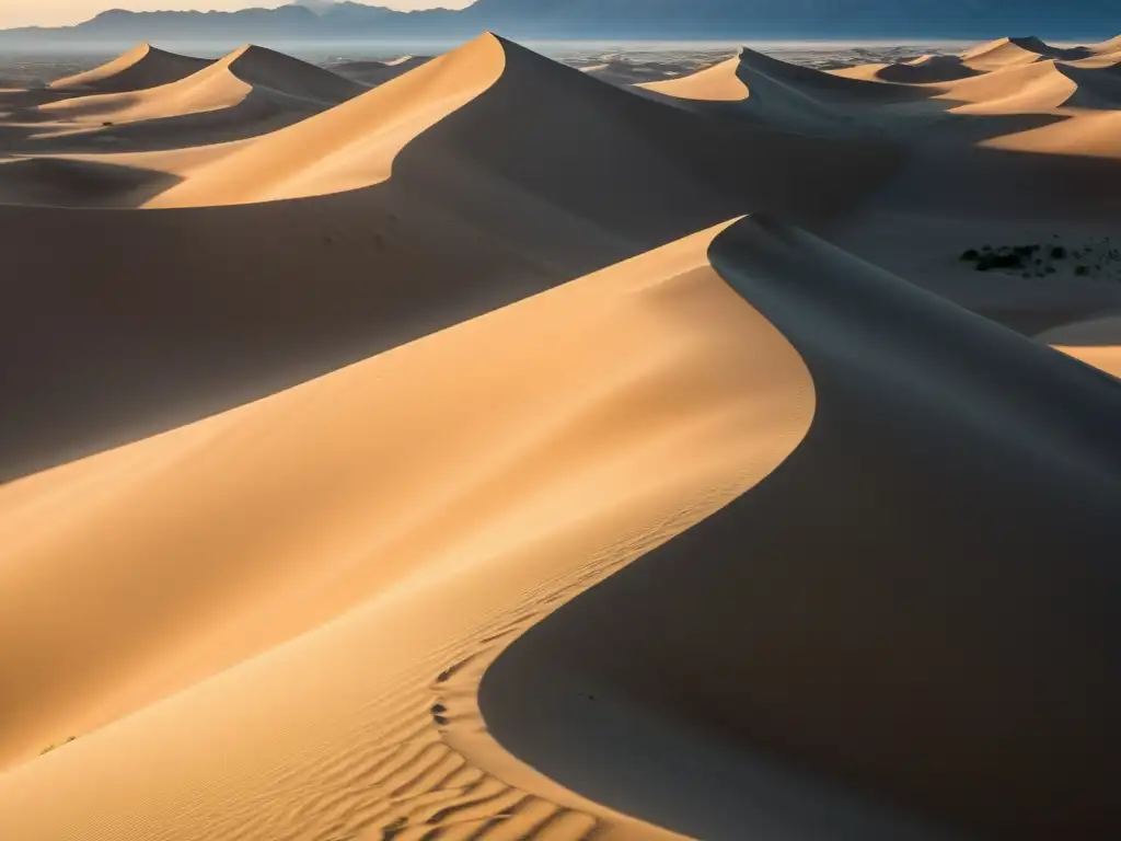 Dunas doradas en movimiento: Un paisaje de ensueño Un vasto paisaje de dunas ondulantes con picos dorados, bañadas por la cálida luz del sol
