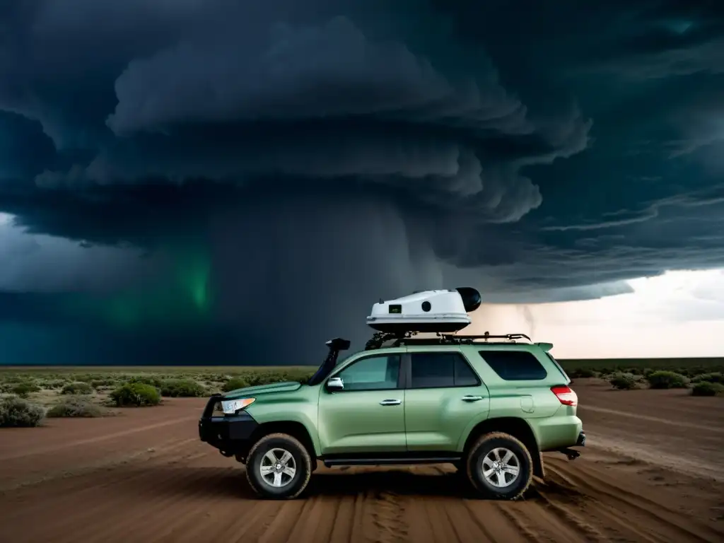 Vehículo de caza de tormentas en la llanura desolada: drama y peligro Vehículo de caza tormentas en llanura desolada con nubes oscuras y equipo de radar