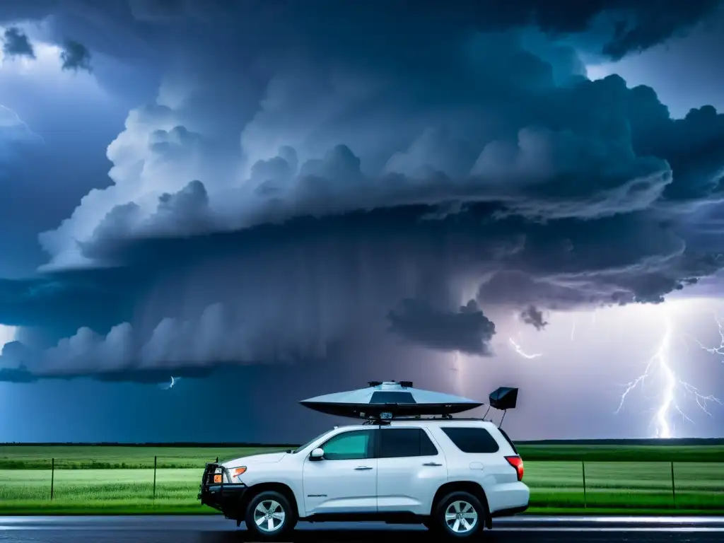 Vehículo de cazatormentas frente a supertormenta Un vehículo de caza tormentas con radar y antenas, bajo una supercélula amenazante