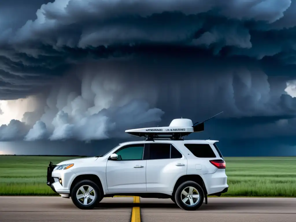 Vehículo de caza de tormentas con tecnología avanzada Un vehículo especializado en caza tormentas con los mejores gadgets y aplicaciones para caza tormentas, en medio de una atmósfera intensa y dramática