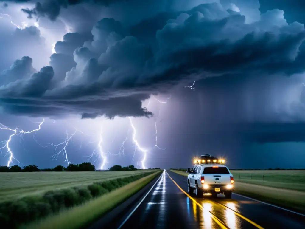 Vehículo cazatormentas en acción: adrenalina y poder Vehículo cazatormentas en medio de una tormenta intensa con tecnología avanzada