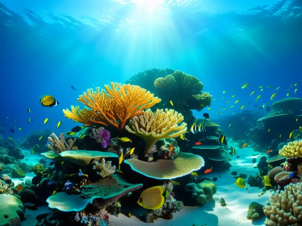 Arrecife de coral vibrante: detalle ultraalto y vida marina Un vibrante arrecife de coral rebosante de vida marina, con un crecimiento de coral en ciclos de vida