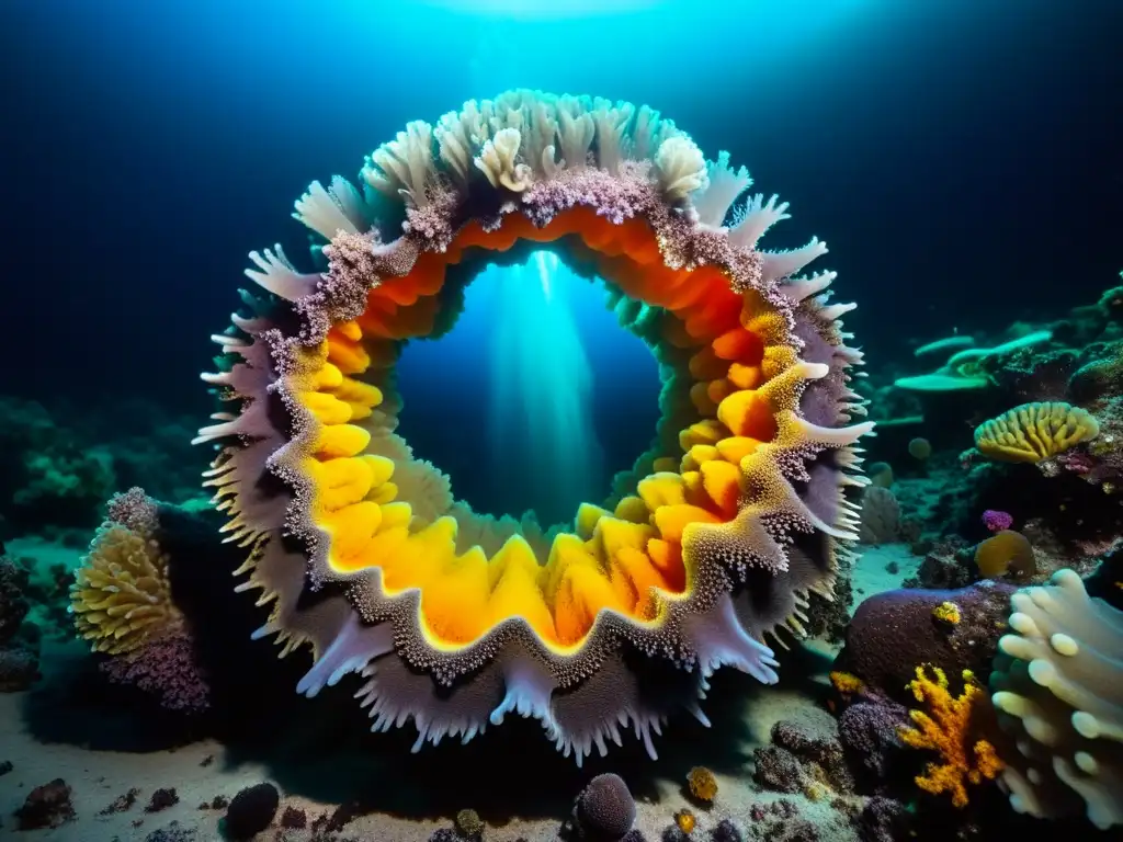 Ventisca submarina: vida y color en el abismo Vibrante ecosistema marino profundo con vida colorida alrededor de un respiradero hidrotermal, iluminando la oscuridad