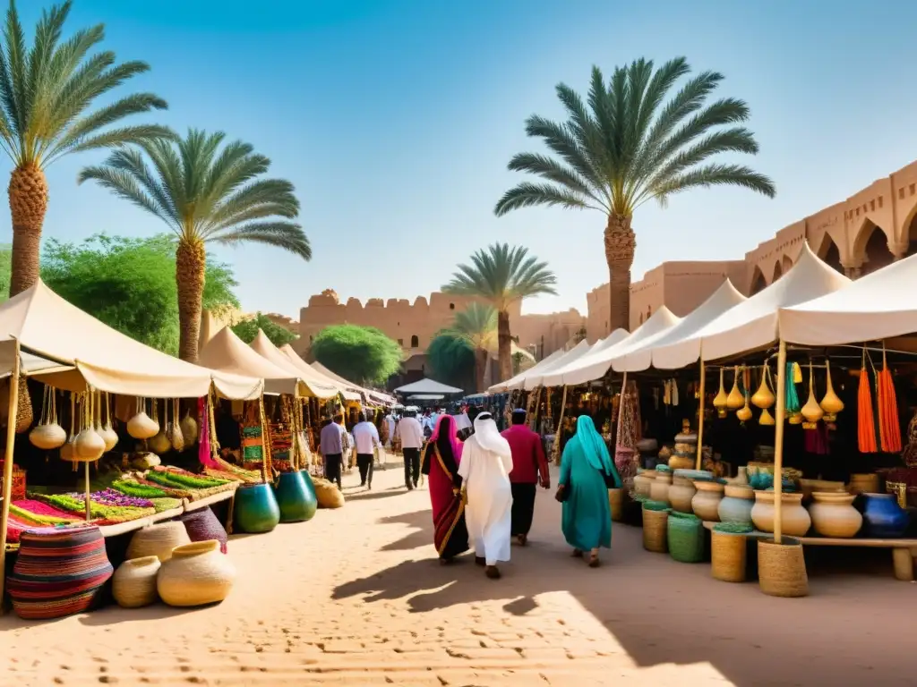 Mercado vibrante en oasis del Medio Oriente Un vibrante mercado en un oasis del Medio Oriente